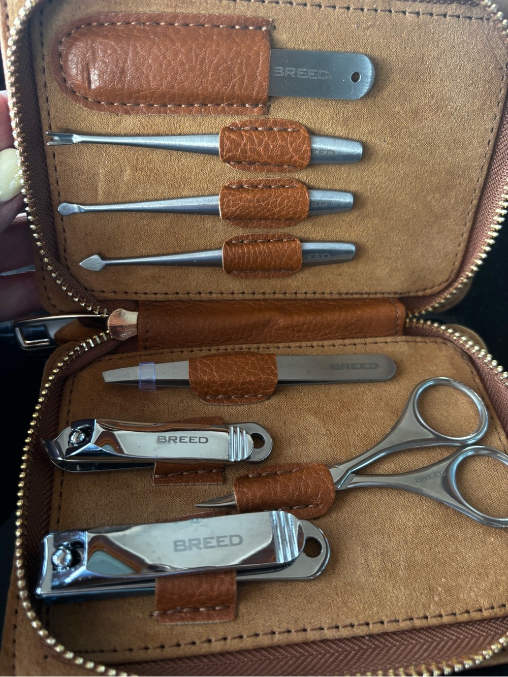 Breed Katana 8-Pc Surgical Stainless Steel Grooming Kit - Camel Leather Case M/F